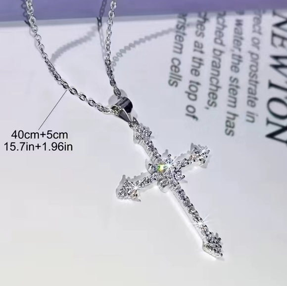 NEW Sparkling Rhinestone Cross Silver Necklace - Picture 2 of 8